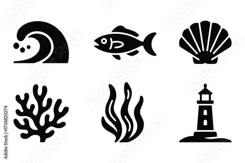 Nautical icon set ocean wave fish shell coral seaweed lighthouse simple silhouette symbols
