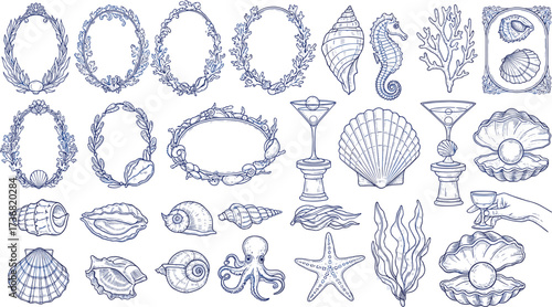 Collection of marine life illustrations and decorative elements, including shells, starfish, seahorses, and pearls, perfect for ocean-themed designs