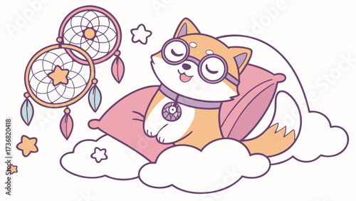 Cute SVG of a Playful Shiba inushiba inu in Dreamland colors, featuring wearing glasses in a Fantasy dream setting