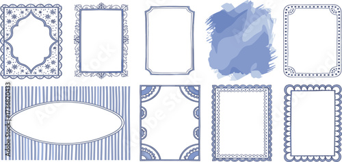 Elegant collection of diverse blue and white decorative frames and borders, featuring intricate patterns, modern stripes, and unique shapes, perfect for creative design projects