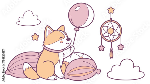 Delightful Funny Shiba inushiba inu in a Fantasy dream scene with with a balloon – Dreamland vector illustration