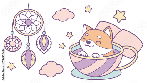 Happy expression on a Shiba inushiba inu in a Fantasy dream theme, with sitting in a teacup ride – Dreamland vector art