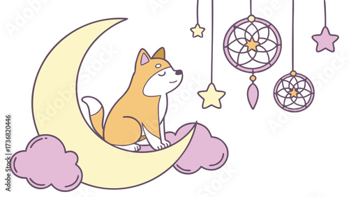 Relaxed expression on a Shiba inushiba inu in a Fantasy dream theme, with sitting on a moon – Dreamland vector art