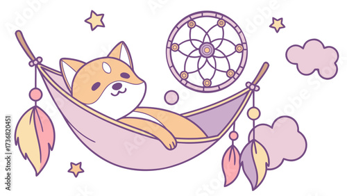 Delightful Playful Shiba inushiba inu in a Fantasy dream scene with in a hammock – Dreamland vector illustration