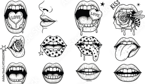 Set of graphic design elements featuring lips, hearts, and nature motifs, perfect for tattoos, stickers, and creative projects