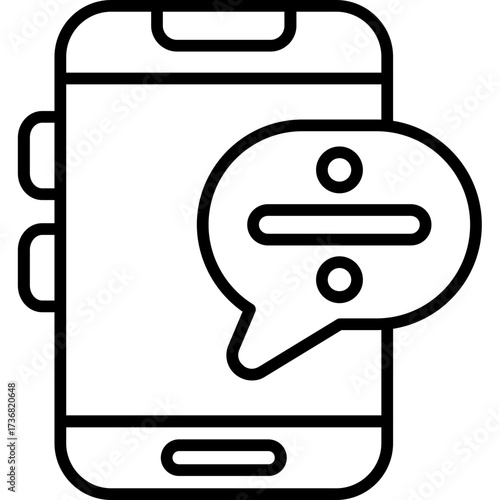 Mobile phone and Division symbol: A simple linear vector illustration of a mobile phone with a speech bubble, prominently displaying the division symbol.