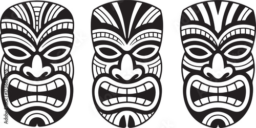 Three black and white tiki masks with open mouths and stylized facial features arranged in a row tribal mask