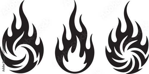 Three black tribal flame designs on white background vector illustration fire tattoo