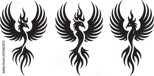 Three black tribal phoenix bird silhouettes with fiery tails and wings spread vector