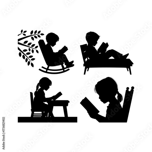Silhouettes of people or children reading books, Isolated diverse kids with backpacks walking to school, women and children, education concept, learning, knowledge, library scene, study time
