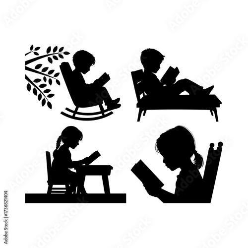 Silhouettes of people or children reading books, Isolated diverse kids with backpacks walking to school, women and children, education concept, learning, knowledge, library scene, study time