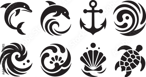 Black vector illustrations of marine life and nautical symbols on white background dolphin wave