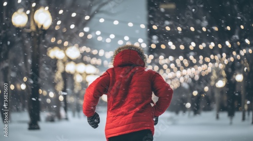A person in a red winter jacket running through a snowy park, with Christmas lights in the background.