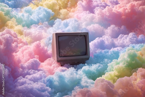 Wallpaper Mural Digital display reflecting sadness amidst colorful clouds, symbolizing emotions in a whimsical landscape filled with pastel hues Torontodigital.ca