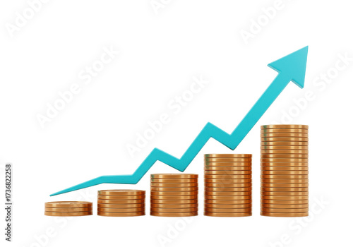 Isolated stacks of golden coins with a rising blue arrow graph symbolizing financial growth investment success and increasing profit revenue business development