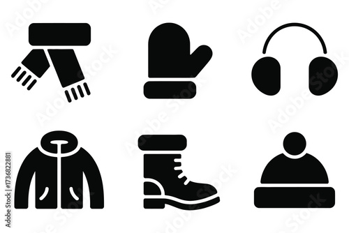 Set of six winter clothing icons including scarf gloves earmuffs jacket boot and hat