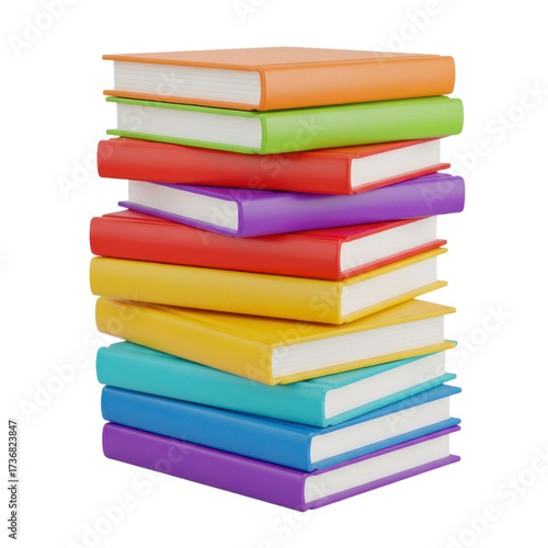 Vibrant stack of colorful 3D rendered books with blank spines and white pages, isolated on a transparent background, representing education and learning.. Transparent Object PNG