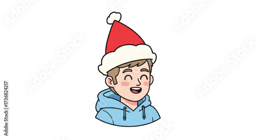 Cheerful Cartoon Boy in Santa Hat and Blue Hoodie Smiling Joyfully for Christmas Holidays. PNG Isolated Transparent