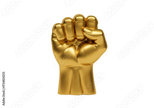 Isolated golden clenched fist 3D render symbol of power strength protest solidarity determination success victory revolution resistance unity