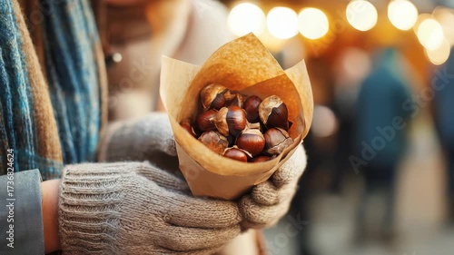 Closeup of hands in warm gloves holding a paper cone of roasted chestnuts at a bustling outdoor winter market, capturing the cozy, festive spirit and traditional seasonal street food experience