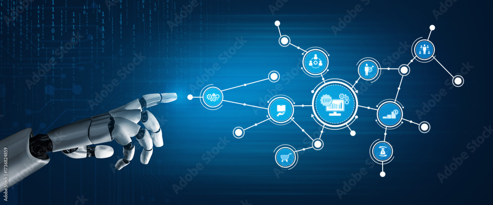 Naklejka premium A robotic hand reaches towards a digital network, symbolizing the intersection of technology and data. This image captures the essence of automation and artificial intelligence innovations. Tessel