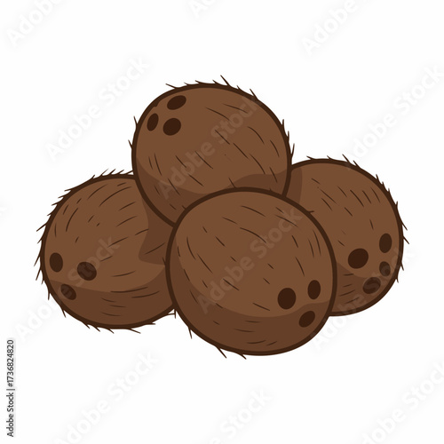 A pile of four brown coconuts with their characteristic three dark spots visible on each.