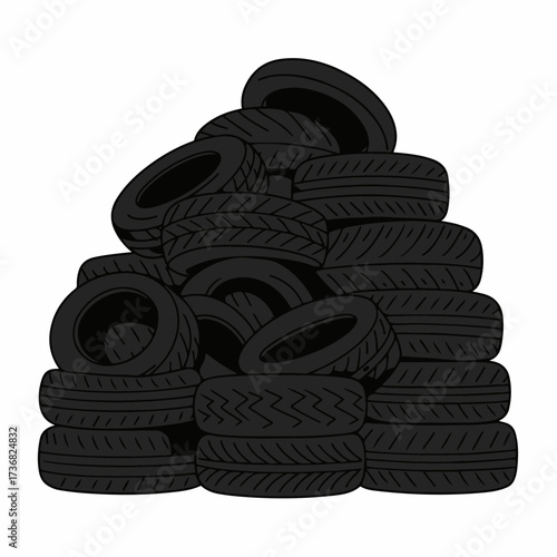 A large pile of black rubber tires stacked haphazardly, suggesting a recycling or disposal site.