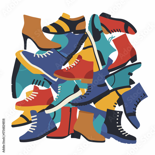 A vibrant and colorful illustration featuring a chaotic yet artistic arrangement of various footwear, including boots, sneakers, and heels.