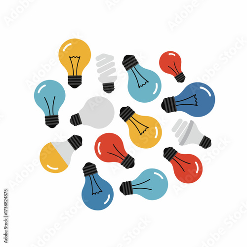A collection of various types of light bulbs, including incandescent, LED, and CFL bulbs, in different colors and orientations.