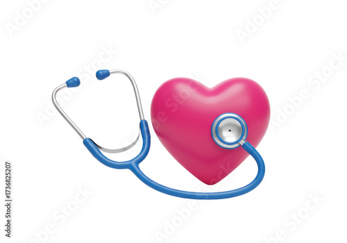 Isolated pink heart and blue stethoscope medical concept for cardiology health checkup and healthcare awareness symbol of love and care