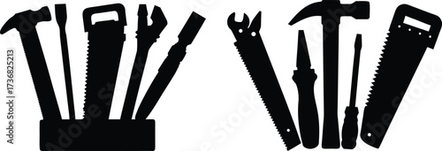 Collection of various hand tool silhouettes in a toolbox isolated on white background silhouette