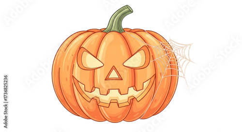 Spooky Jack-o'-Lantern Halloween Pumpkin with Glowing Eyes and Spiderweb Illustration, Ideal for Fall Decorations and Seasonal Celebrations, Transparent Background. PNG Cut Out Transparent