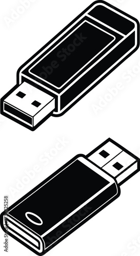 Two black usb flash drive silhouettes shown from different angles isolated on white background