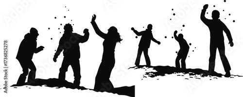 Group of diverse people celebrating with raised arms in a dynamic silhouette isolated on white background