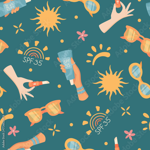 Flat seamless sunscreen bottle and sun pattern. Cream tube, SPF lotion, woman hand hold product with sunglasses on background. Repeating summer pattern, flat skincare, cosmetic style, seamless