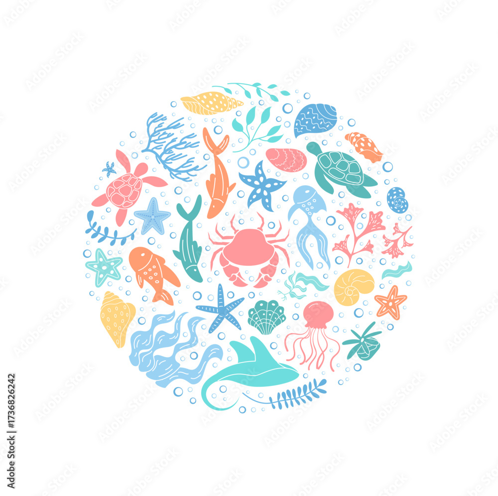 Obraz premium Round underwater concept with marine life. Circle design featuring fish, aquatic creatures, and ocean elements. Swirl cartoon graphic style creates a vivid background for aquatic themes and summer