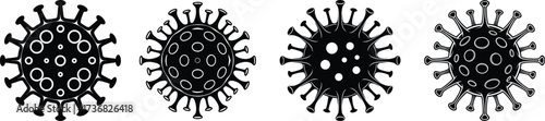 Four black silhouette virus particles with spikes isolated on white background