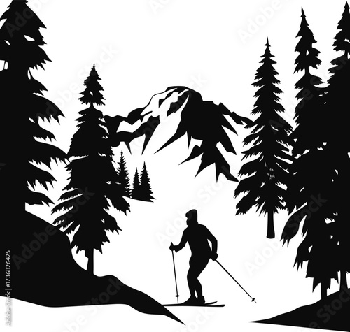 Silhouette of a cross country skier in a snowy forest with mountains in the background isolated on white background