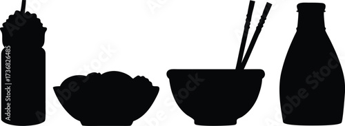 Collection of silhouette objects including a candle bowl chopsticks and bottle isolated on white background silhouette