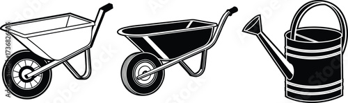 Two garden wheelbarrows and a watering can in silhouette isolated on white background