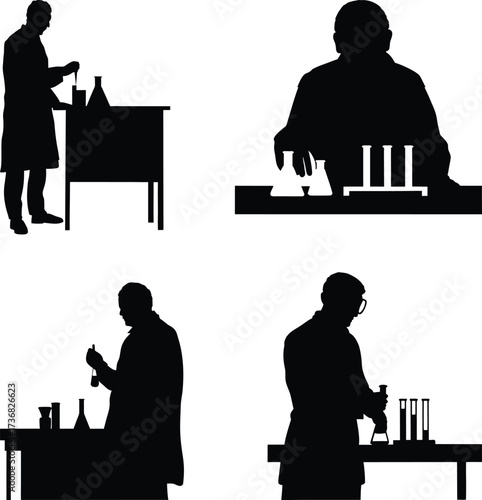 Four distinct silhouette poses of scientists working in a laboratory setting isolated on white background silhouette