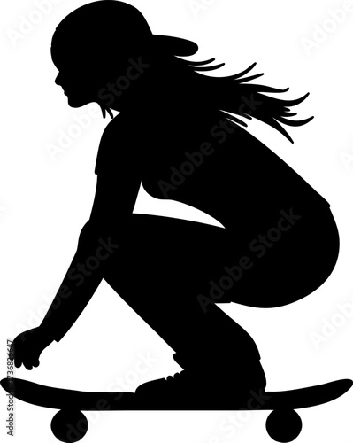 Silhouette of a young woman skateboarding in a crouched position isolated on white background