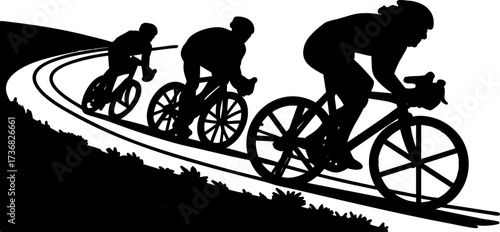 Silhouette of three cyclists racing on a winding road isolated on white background