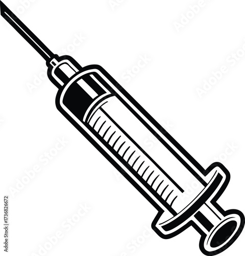 Black and white silhouette of a medical syringe with needle isolated on white background