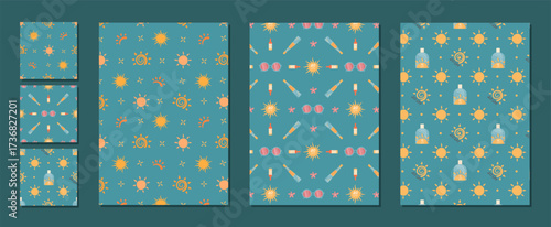 Flat seamless pattern shows sunscreen bottle, spf lotion and sunblock tube in sun shapes. Cream and logo combine with sunglasses design. Modern cosmetic motif, bottle shapes, flat style, seamless