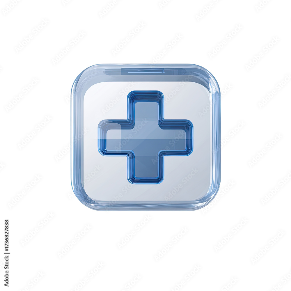 Fototapeta premium Glassy square button featuring a recessed, light-blue plus symbol on a white background
