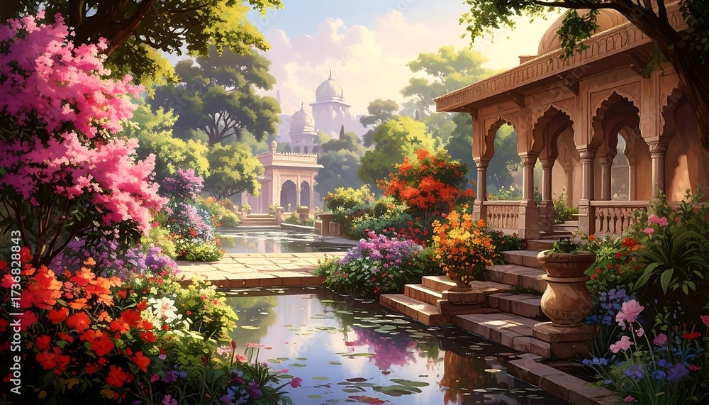 Fototapeta premium A vibrant garden, filled with colorful blossoms and serene structures, displays a tranquil atmosphere under a bright sun.