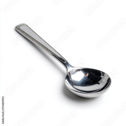 A shiny metal spoon rests angled, showing its smooth, reflective surface. The spoon has a simple design and elegant shape