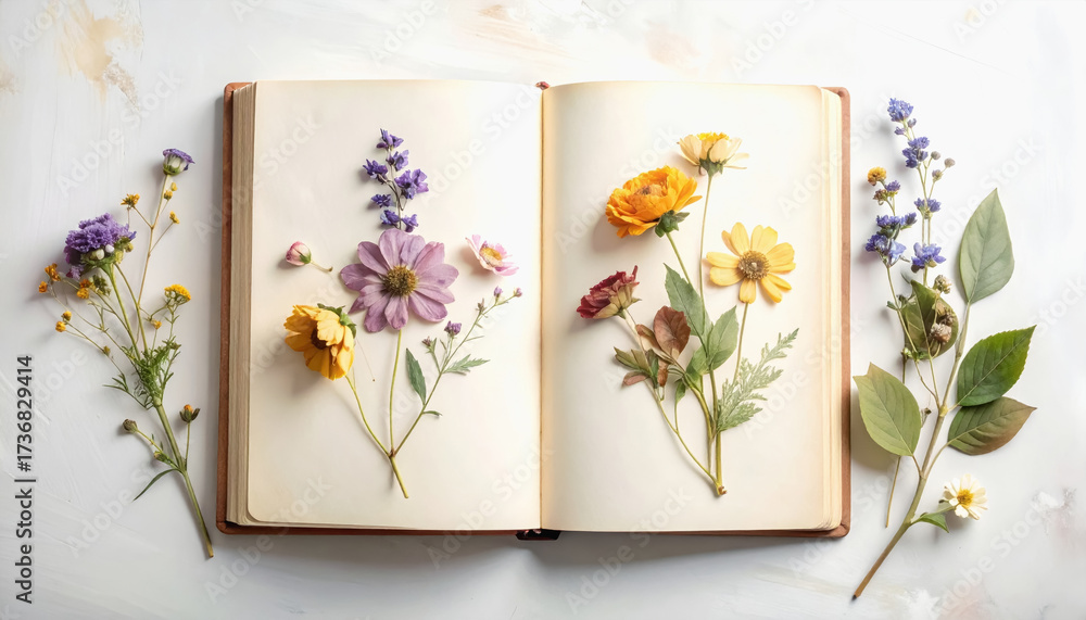 Obraz premium A beautifully pressed flower arrangement displayed inside a journal with ample copy space for text and creative design