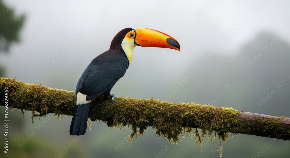 Fototapeta premium A vibrant toucan perched on a mossy branch in a misty tropical environment nature scene